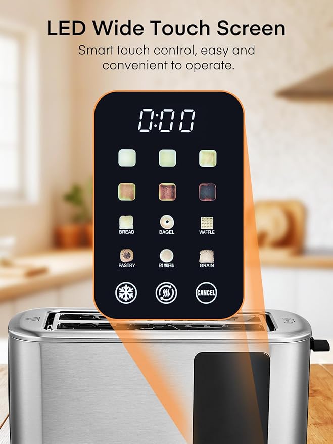 4 Slice Toaster Touch Screen Control Long Extra Wide Slots Smart Bread Toaster 6 Bread Types &amp 6 Shade Settings Stainless Steel Toaster with Removable Tray Cancel/Defrost/Reheat Function Sli