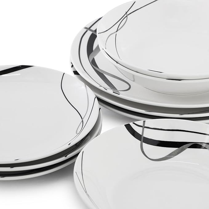 Elama Sarah 18 Piece Porcelain Ribbon Lined Dinnerware Set Service for 6 in White and Black