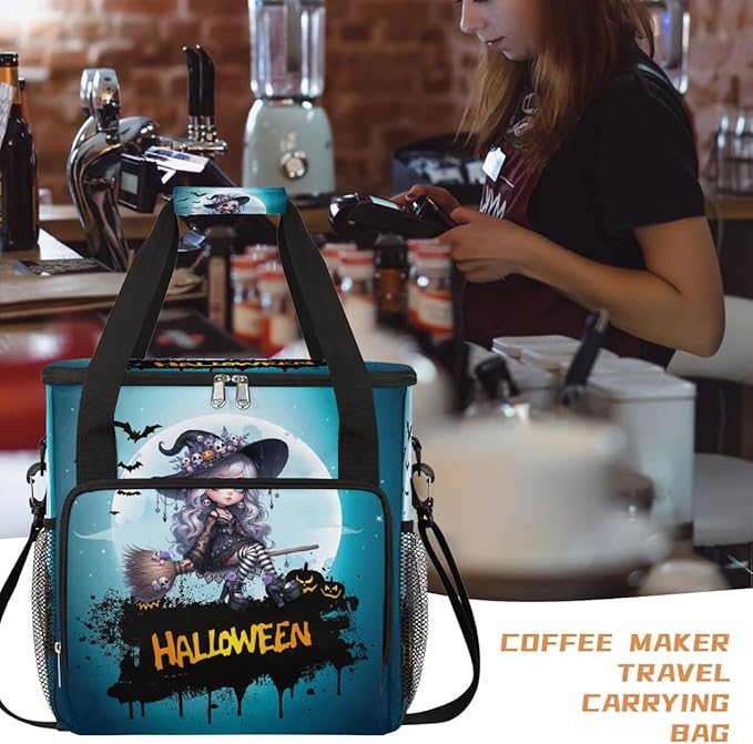 Halloween Pretty Witch Moon Coffee Maker Carring Bag Travel Carrying Storage Tote Bag Compatible with Keurig K-Mini or K-Mini Plus Portable Single Serve Coffee Brewer Case with Pockets for K-cup Pods