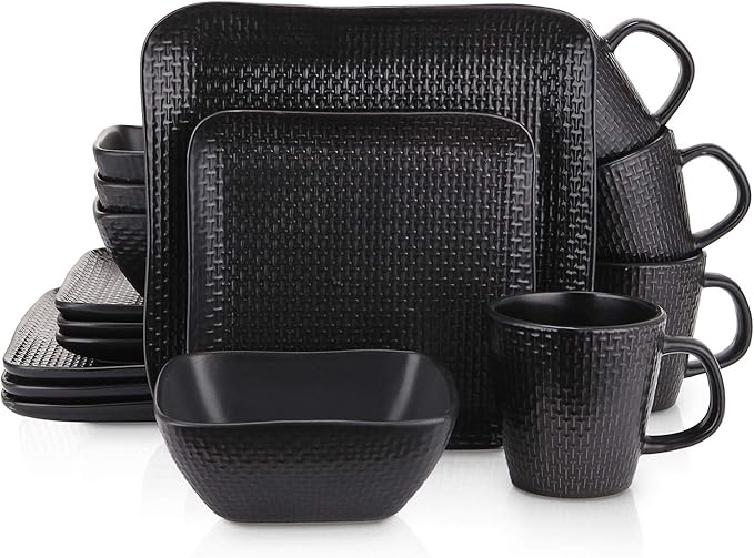 Stone Lain 32 Piece Stoneware Square Weave Dinnerware Set Service for 8 Black