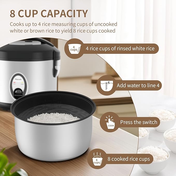 Stainless Steel Rice Cooker with Steamer 4-Cup Uncooked (1.0L)/8-Cup Cooked Electric Grain &amp Vegetable Cooker Auto Keep Warm for Oatmeal Soups &amp Multicooking