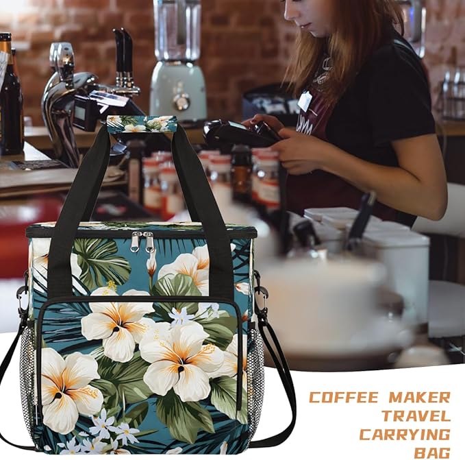 White Flowers Coffee Maker Carring Bag Travel Carrying Storage Tote Bag Compatible with Keurig K-Mini or K-Mini Plus Portable Single Serve Coffee Brewer Case with Pockets for K-cup Pods