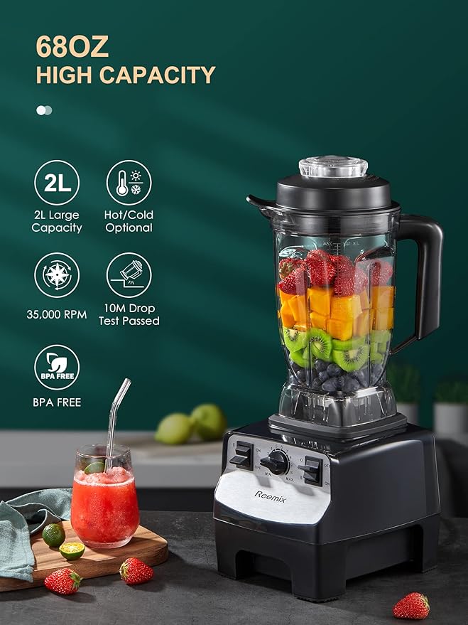 Reemix Counter Blender Smoothie Maker 1450W Professional High Speed Blenders for Kitchen 10 Speed Control 68 oz BPA-Free Tritan Container 8 Titanium Stainless Steel Blade for Ice/Soup/Nuts
