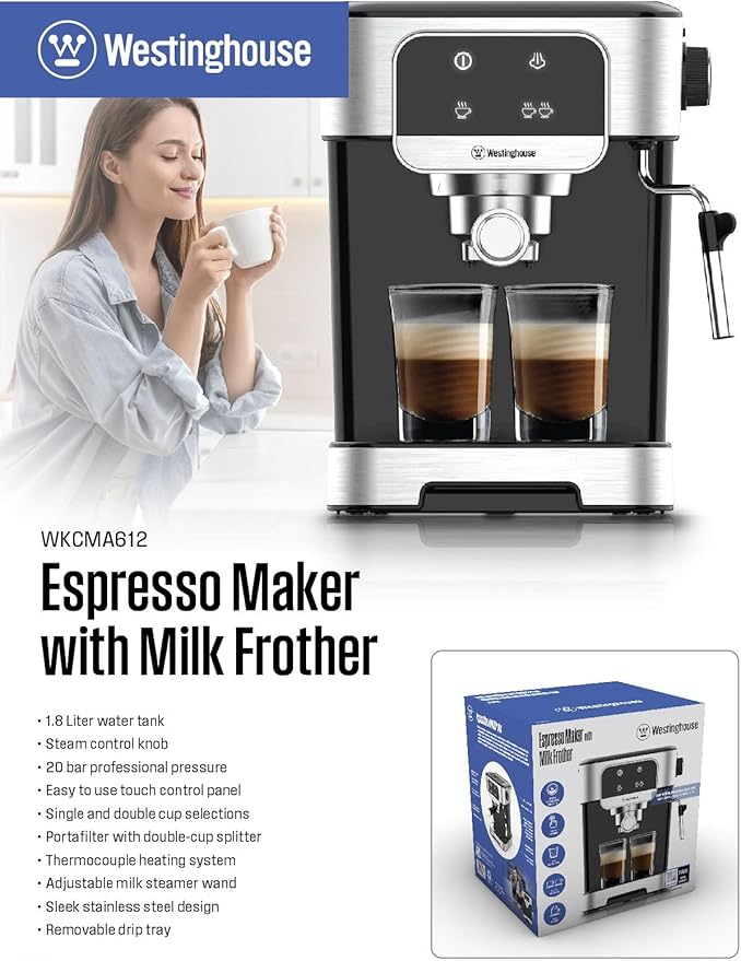 Dynastar 220 Volts Espresso Maker With Milk Frother -20 Bars-1200 Watts-Touch Control-Bundle 220-240 Volts (Not For Use In USA)