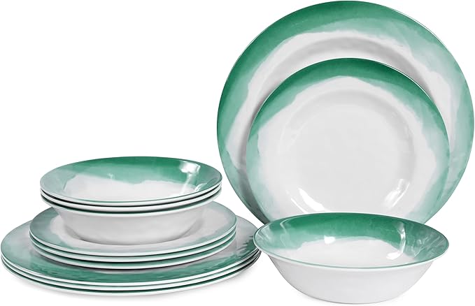 Melamine Dinnerware Sets 12pcs Plates and Bowls Set service for 4 Dishwasher Safe Indoor and Outdoor Use Green Melamine dishes