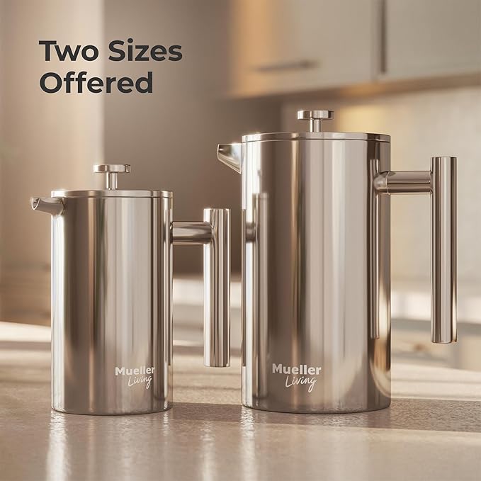 MuellerLiving French Press Coffee Maker 34oz Stainless Steel French Press Coffee 4 Filter Heat Resistant Double Insulated Rust-Free Food Grade Dishwasher Safe Coffee Pot