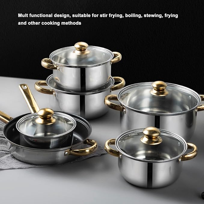 12Pcs Kitchen Pots Stainless Steel Cookware Set with Golden Handle Various Sizes Easy to Clean - Heat Ergonomic Grip Compatible with All Cooktops