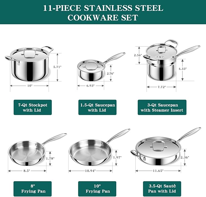 EWFEN Pots and Pans Set 3 Ply 11 Piece Stainless Steel Cookware Set Oven Dishwasher Safe | Induction Compatible Frying Pans Saucepans Saute Pan &amp Stock Pot PFOA Free Kitchen Skillet