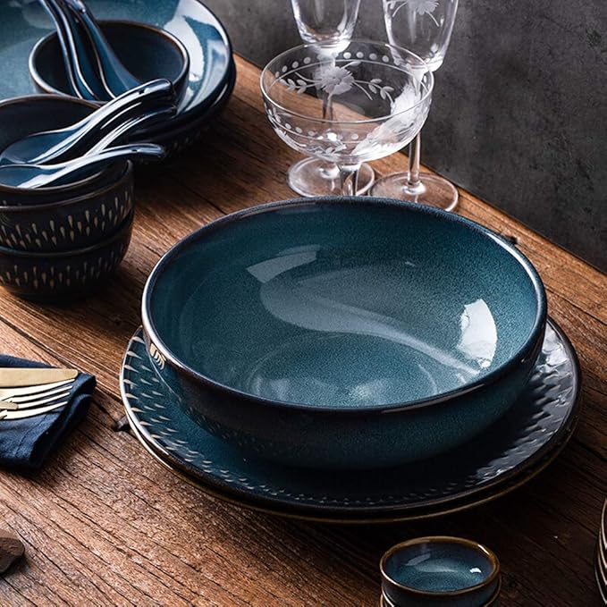 Dinner Plates Creativity Ceramics Dinner Sets 26 Pieces Blue Nordic Style Porcelain Combination Set - Bowl/Dish/Spoon | Kiln Glaze Dinnerware for Restaurant Box