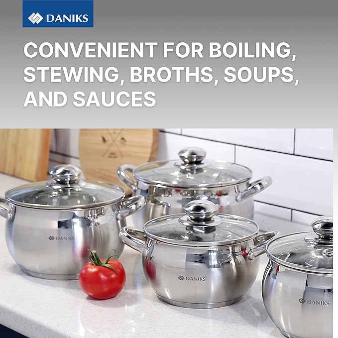 Daniks Classic 11-Piece Stainless Steel Cookware Set with Glass Lids Includes Saucepan and Frying Pan with Lid Tri-Ply Bases for Even Heating Induction Compatible Dishwasher Safe