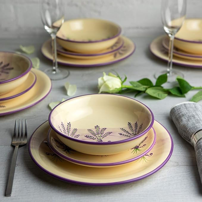 Handmade Lavender Floral Purple and CreamCeramic 12 piece Dinnerware Set | Pottery Tableware Service for 4 | Dinner Plates | Side Plates | Bowls | Housewarming Gift by City to Cottage®