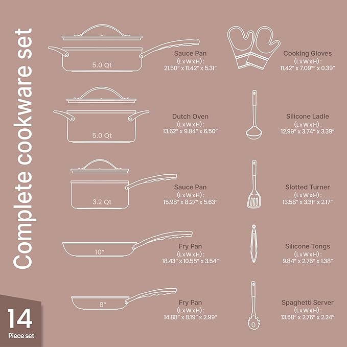 Crystal Kung Minkoff Ceramic Cookware Set – 14-Piece Pots and Pans Set with Lids Silicone Utensils &amp Oven Mitts Nonstick and Non-Toxic PTFE/PFAS Free Dishwasher &amp Stovetop Safe Up to 500°F