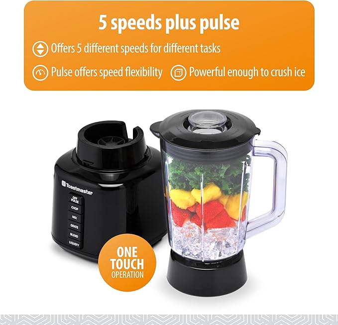 Toastmaster 5 Speed Blender with 48-oz Plastic Jar - Kitchen Blender with Stainless Steel Blades - For Fruit Smoothies &amp More - Multiple Speeds &amp Pour-Through Lid