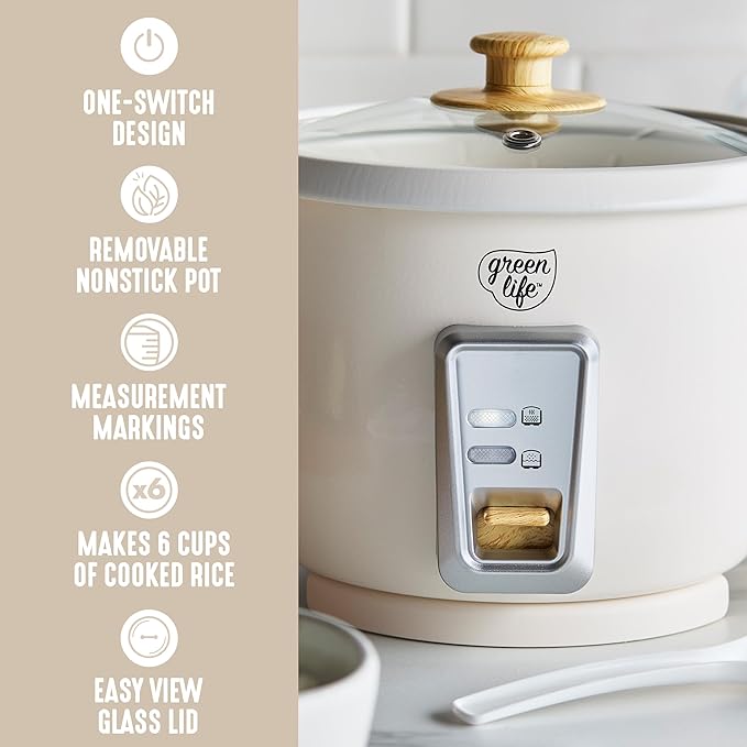 GreenLife Rice Cooker with Removable PFAS-Free Ceramic Nonstick Pot 3-Cups Uncooked/6-Cups Cooked Grains &amp Oatmeal Multicooker Compact One-Switch Design Auto Keep Warm Easy Clean Cream