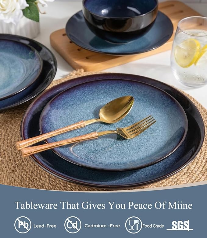 LERATIO Ceramic Dinnerware Sets for 8Stoneware Plates and Bowls SetsHandmade Reactive Glaze Dishes SetChip Resistant and Scratch Resistant | Oven&ampDishwasher &amp Microwave Safe-Blue(24PCS)