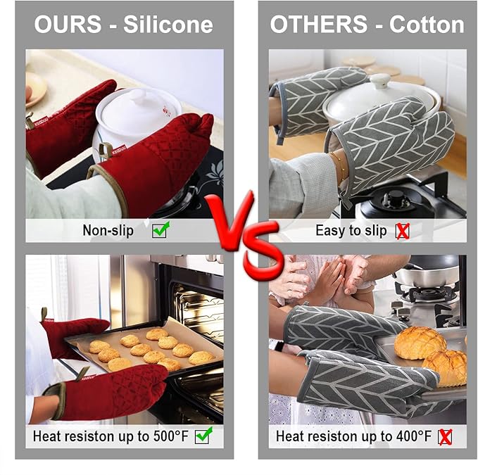 KEGOUU Oven Mitts and Pot Holders 6pcs Set Kitchen Oven Glove High Heat Resistant 500 Degree Extra Long Oven Mitts and Potholder with Non-Slip Silicone Surface for Cooking (Red)
