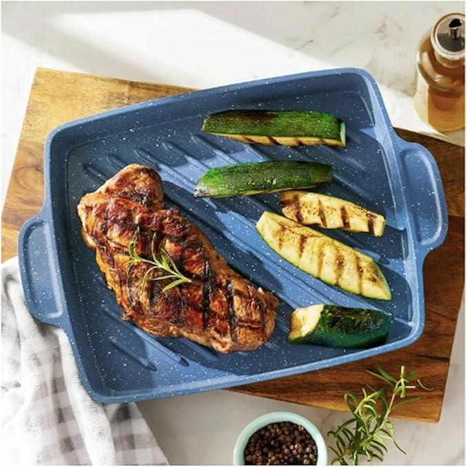 32-Piece Ceramic Nonstick Cookware Set with Utensils &amp Bakeware – Fry Pans Dutch Oven Grill Pan Knives Measuring Cups &amp Spoons Pizza Pan Baking Sheet (Blue)