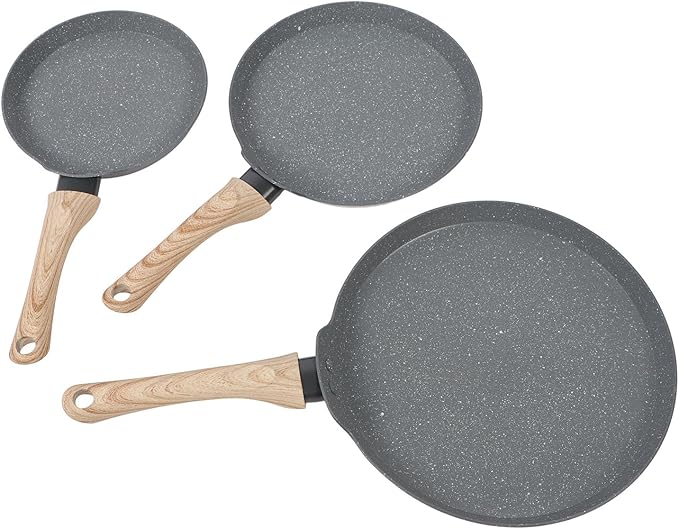 3PCS Maifan Stone Frying Pan Set Grey Anti Stick with Wooden Handle Multifunctional 3 Sizes for All Cooking Needs
