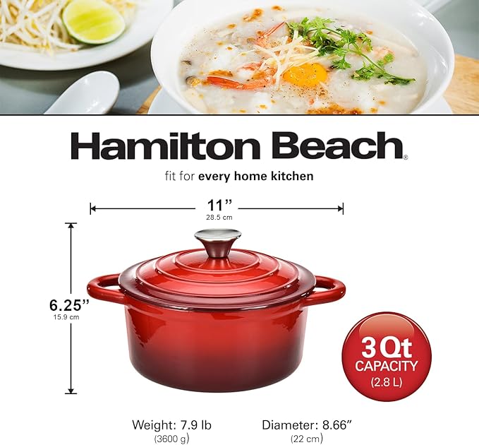 Hamilton Beach 3-Quart Enameled Cast Iron Dutch Oven with Lid | Heavy-Duty Pot for Braising Roasting &amp Baking | Red