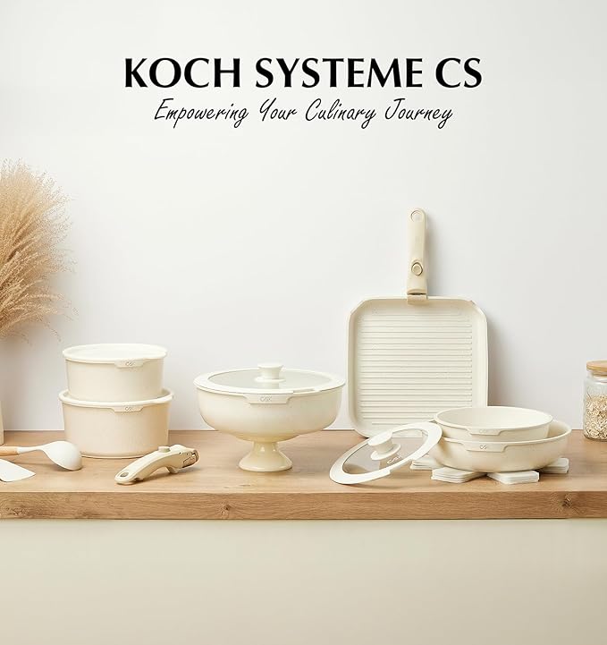 KOCH SYSTEME CS 18 PCS Pots and Pans Set Nonstick Cookware Set Detachable Handle Induction Kitchen Cookware Sets Non Stick with Removable Handle RV cookware set White