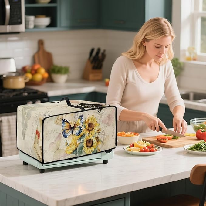 Doojoayie Butterfly Sunflower Toaster Cover 4 Slice Toaster Oven Cover Dust Resistant Appliance Covers for Kitchen Counter Modern Home Kitchen Decoration