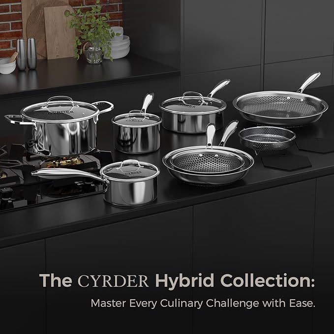 Nonstick Pots and Pans Set 14 Piece Hybrid Hex Non Stick Stainless Steel Cookware with Frying Pans Saute Pan Saucepans &amp Stock Pot - Induction Compatible Dishwasher &ampOven Safe PFOA Free