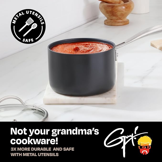 Guy Fieri's Flavortown Laser Titanium 2-Quart Sauce Pan with Lid - Non-stick Cookware Without PFAS PTFE or PFOA 3x More Durable Dishwasher Safe Oven Safe