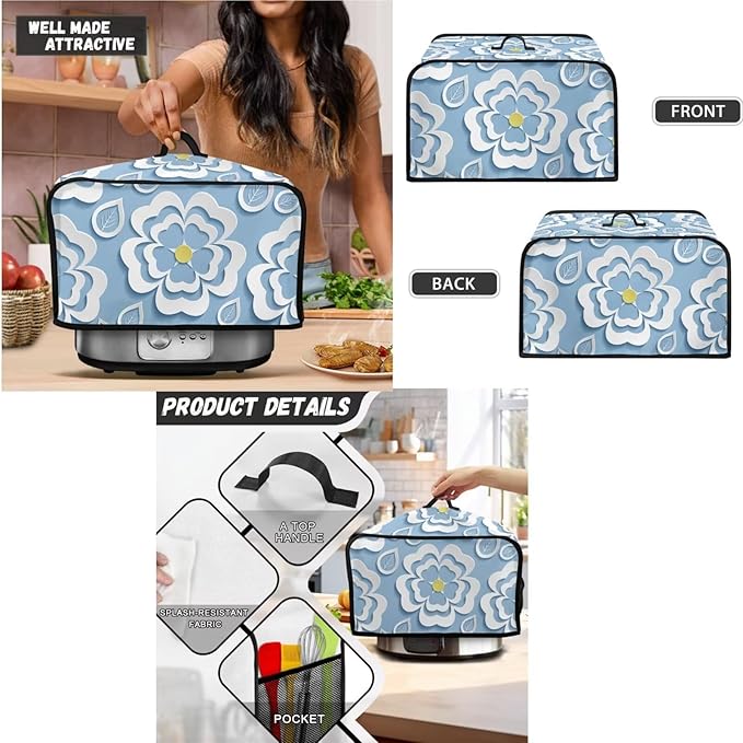Blue Floral 2 Slice Toaster Cover Set Bread Toaster Blender and Slow Cooker Dust and Fingerprint Protection Machine Washable Kitchen Decor
