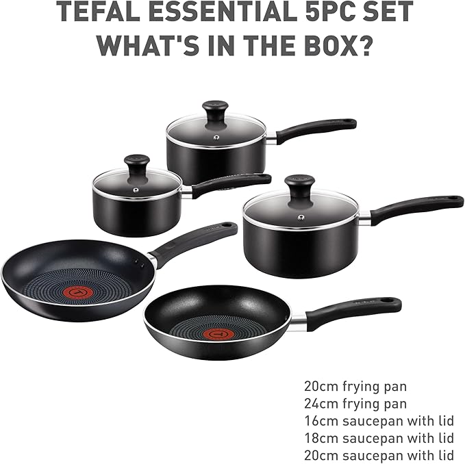 Tefal Essential 5-Piece Non-Stick Cookware Set: 3 Saucepans (16/18/20CM) with Lids 2 Frying Pans (20/24CM) Compatible with All Hobs Except Induction Black - B472S545