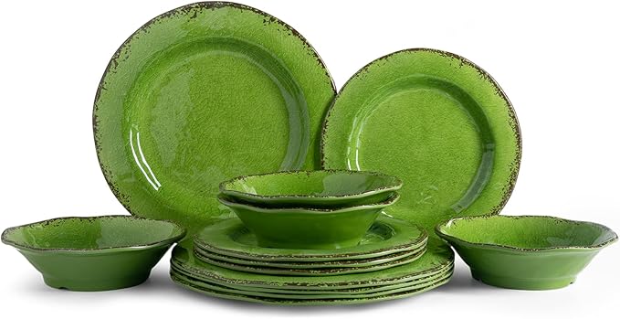 LEHAHA Melamine Dinnerware Set 12-Piece Dishes Set Lightweight and BPA Free Rustic Plates and Bowls Sets Service for 4 Indoor Outdoor Use Great for Patio Camping RVs (Green)
