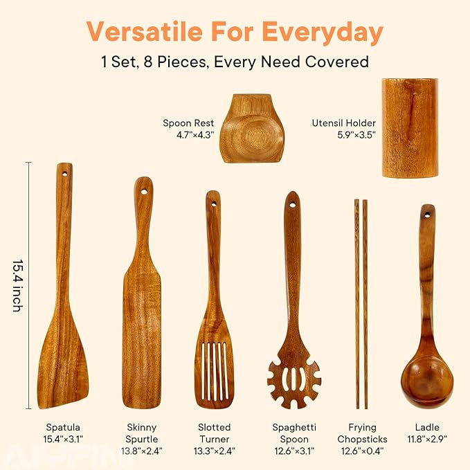 Non-Toxic Wooden Utensils for Cooking - Natural Acacia &amp Glue-Free15.4 Large Spatula Set Long Handle for Scald-Resistant Wood Kitchen Spoons/Chopsticks/Holder for Non Stick Frying Pans by ALY