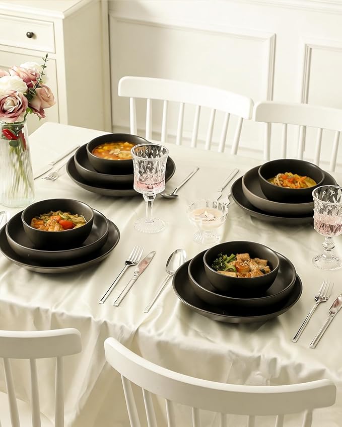 Plates and Bowls Sets 12-Pieces Stoneware Dinnerware Set Ceramic Matte Black Dishes Set for 4 Scratch Resistant Microwave and Dishwasher Safe Tableware Porcelain