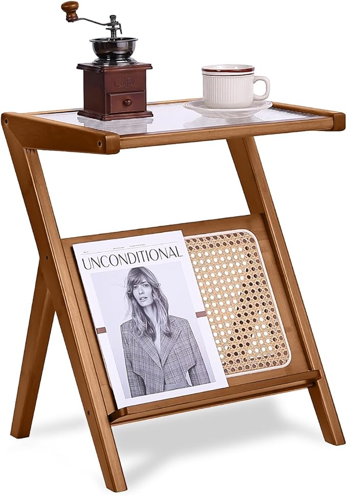 Tiita Rattan Nightstand Side Table Bamboo Accent Bedside Tables Glass Coffee Tables Boho Wooden End Table with Storage for Small Space Living Room and Bedroom