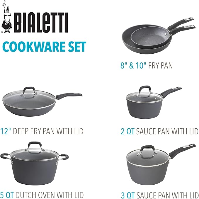 Bialetti Impact 10-Piece Textured Aluminum Cookware Set with Pots Pans and Dutch Oven Nonstick Pots and Pans Set for Kitchen Gray