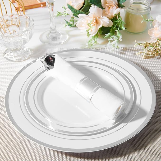 JollyPack 100 Piece Disposable Silver Plastic Party Plates Including 50 10 Inch Dinner Plates and 50 7 Inch for Dessert Great for Parties Weddings Home Use and Christmas