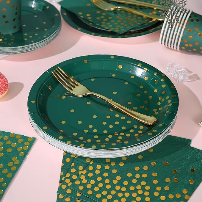 175Pcs Green Plates and Napkins Party Supplies Green and Gold Party Decorations for Birthday Graduation Party Decorations Serve 25
