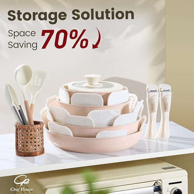 Chef Power Ceramic Nonstick Pots and Pans Set 19 Piece with Detachable Handle Induction Dishwasher Oven Safe Cookware Set RV Kitchen Set Removable Handle (Light Pink)