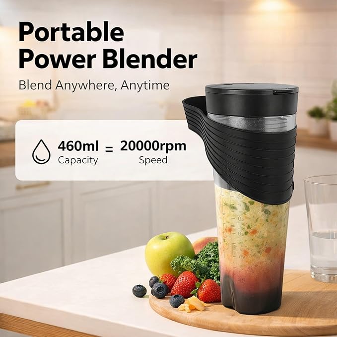 Portable Blender 460ml USB Rechargeable with 20000RPM Motor and 6 Stainless Steel Blades - Powerful High - Speed Mixer for Smoothies Shakes &amp Baby Food Lightweight for Home (Black)