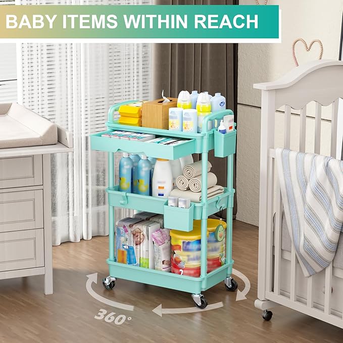 Goovilla 3 Tier Rolling Utility Cart Organizer with Removable Drawer Stable and Sturdy Blue Rolling Storage Carts with 2 Lockable Wheels for Bathroom Kitchen Snack Craft Makeup Baby Essentials