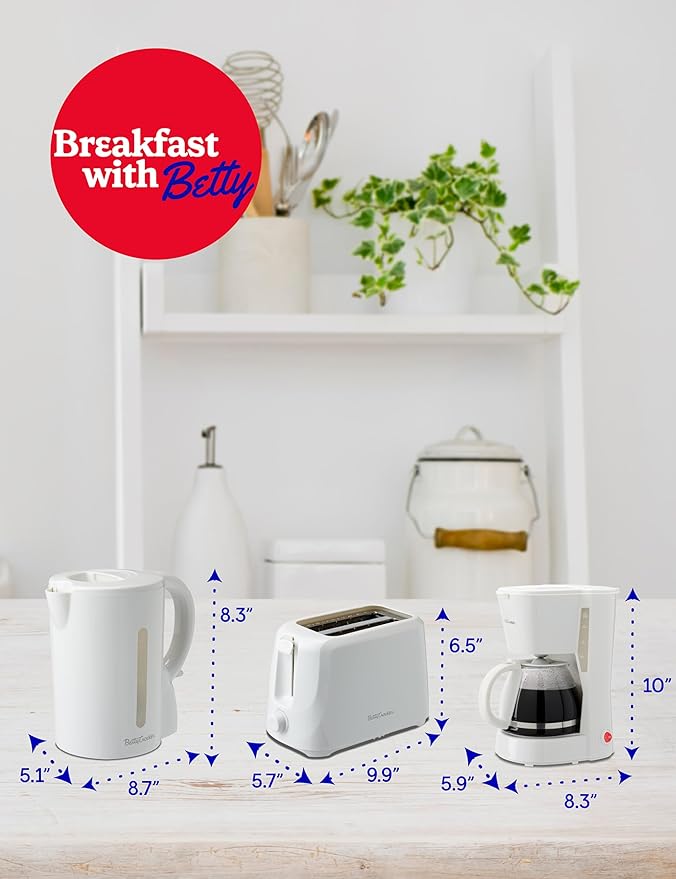 Betty Crocker 3-Piece Kitchen Appliances Set: 5-Cup Automatic Drip Coffee Maker 1.7L Electric Kettle &amp 2-Slice Toaster STRIX Technology Kettle Cool Wall Housing BC-4995W White