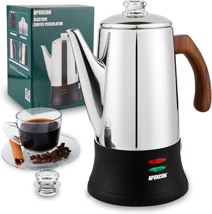 Electric Coffee Percolator Stainless Steel Coffee Maker with Two Heat Resistant Glass Knob &amp Treated Solid Wood Handle Keep Warm Cordless Serve Elegant Design Coffee Pot On/OFF Switch 8 Cup