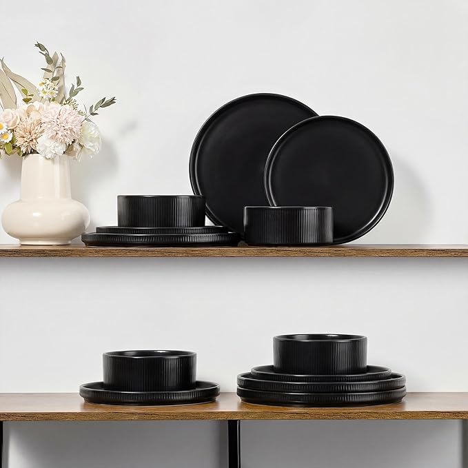 E-far 24-Piece Stoneware Dinnerware Sets Plates and Bowls Sets for 8 Kitchen Dinning Porcelain Ribbed Dishes Set Chip &amp Scratch Resistant Dishwasher &amp Microwave Safe Matte Black