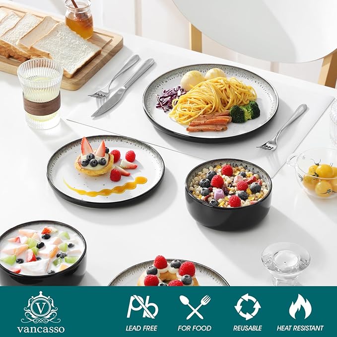 vancasso PLAYA Plates and Bowls Sets 24 Pieces Beige Dinnerware Sets for Kitchen Reactive Glaze Dishes Set for 8 Dishwasher and Microwave Safe