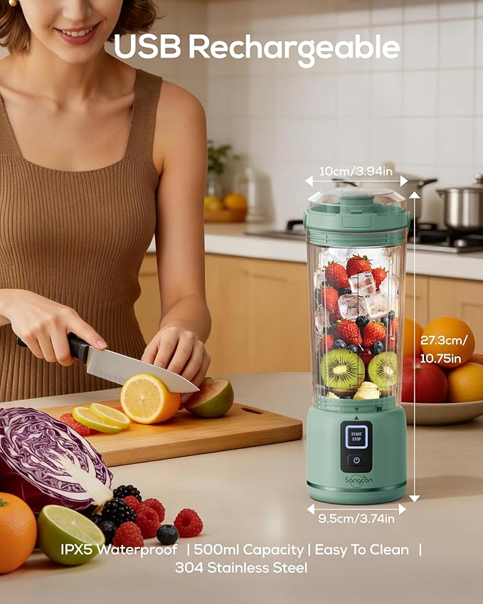 Sangcon Personal Portable Blender for Shakes &amp Smoothies 6000mAh Cordless USB-C Rechargeable Blender with 2 Blend Modes Leakproof Travel Lid Dishwasher Safe Ideal for Gym Office Kitchen BPA-F