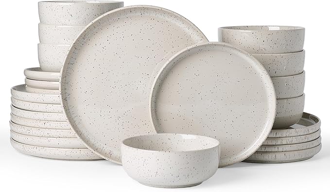 Famiware Meteor Plates and Bowls Sets 24-Piece Stoneware Dinnerware Sets Dishes Set for 8 Microwave and Dishwasher Safe Tableware Creamy White