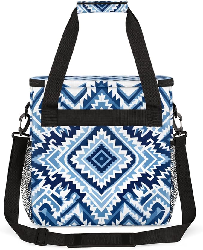 Boho Aztec Coffee Maker Carrying Bag Blue Stripe Travel Storage Bag Compatible with K-Mini or K-Mini Plus Single Serve Coffee Brewer Carrying Case with Multiple Pockets &amp Shoulder Strap