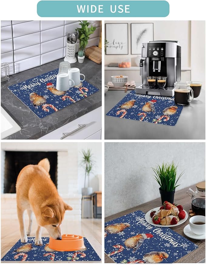 Coffee Mat Coffee Bar Mat for Countertops Christmas Watercolor Birds with Snowflakes Blue Absorbent Coffee Maker Mat Rubber Backed Dish Drying Mat for Coffee Espresso Machine Coffee Maker 16x18