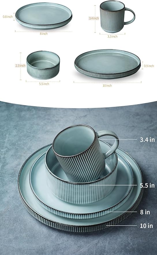 Famiware Star Dinnerware Set with Plates Bowls and Mugs Service for 4 (16-Piece) Stoneware Kitchen Dishes Dinner Plates - Smoky Blue