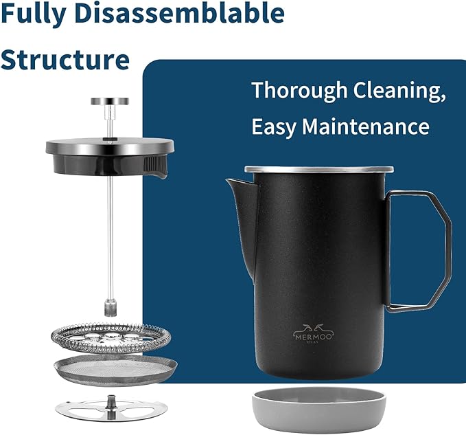 MERMOO YILAN Stainless Steel French Press Coffee Maker Manual Milk Frother 32oz for 4-6 Cup Foldable Handle Insulated Coffee Press Portable for Camping Home Use (Black)