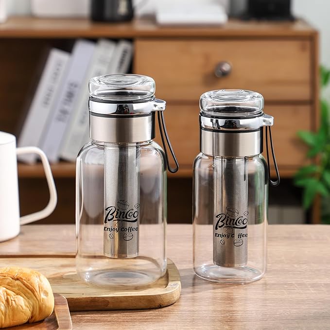 Bincoo Glass Cold Brew Coffee Maker with Extended Fine Mesh Filter Tea Infuser Bottle Iced Coffee Maker with Thick Borosilicate Glas